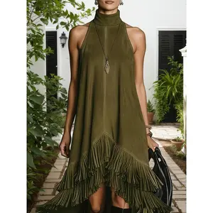 Women's Vintage Fashion Vest with Double-Layer Fringe Hem Irregular Skirt
