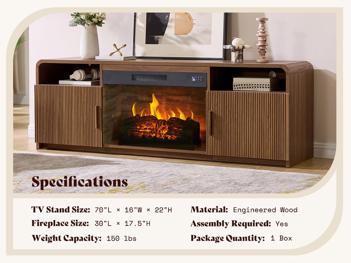 AMERLIFE 70" Fluted Fireplace TV Stand for TVs Up to 80", Modern TV Console with 30" Electric Fireplace & Storage Cabinets, Media Entertainment Center for Living Room