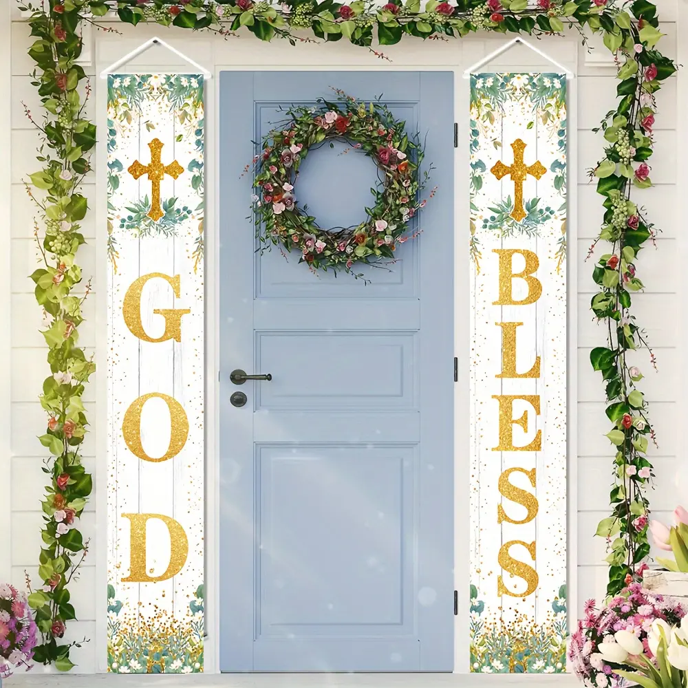 God Bless Polyester Porch Flag Banner Set, First Communion or Baptism Decoration, Garden Use, Pull-Flag Banner, No Power Needed