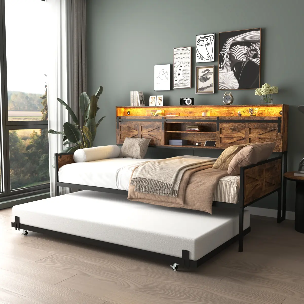 Rustic Brown Twin Metal Daybed with Trundle - Farmhouse Frame, Sliding Barn Door Headboard, Foldable Pull Out Bed, USB Ports, Charging Station, LED Light, Portable Storage Bed with Compartments for Bedroom, Guest Room WL, Usb Port, Assembly Required, Mode