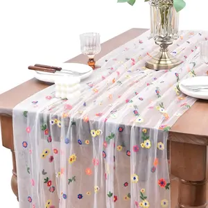 Embroidered Daisy Floral Table Runner, 10ft Lightweight Lace Tablecloth, Holiday Kitchen Dining Decor, Party Decoration for Home Events
