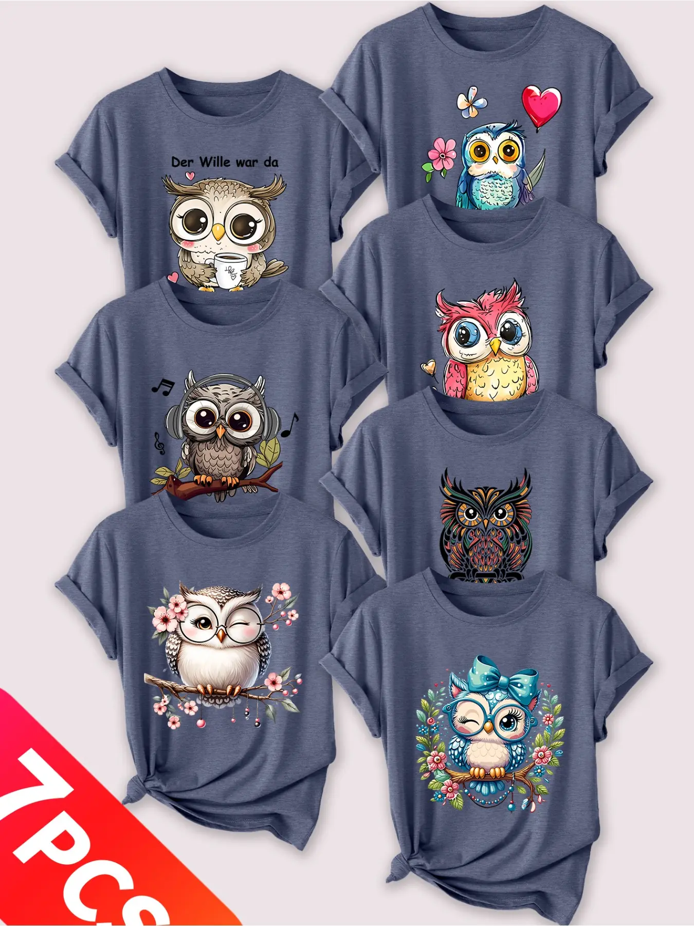 Women's 7-Pack Casual Short Sleeve Crew Neck T-Shirt, Cute Owl Print Set, Multiple Colors, Machine Washable, Spring & Summer Top, Soft Skin-Friendly Fabric, Daily Wear, Fashion Design, Lady
