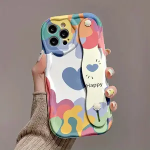 A Cute Graffiti Cream Wave Phone Case Featuring Colorful Heart Patterns And a Wrist Strap Design, Compatible with for iphone 17/16/14/13/12/11 Pro Max/Pro/Plus, This Cartoon-Style Protective Case Is Both Stylish And Simple