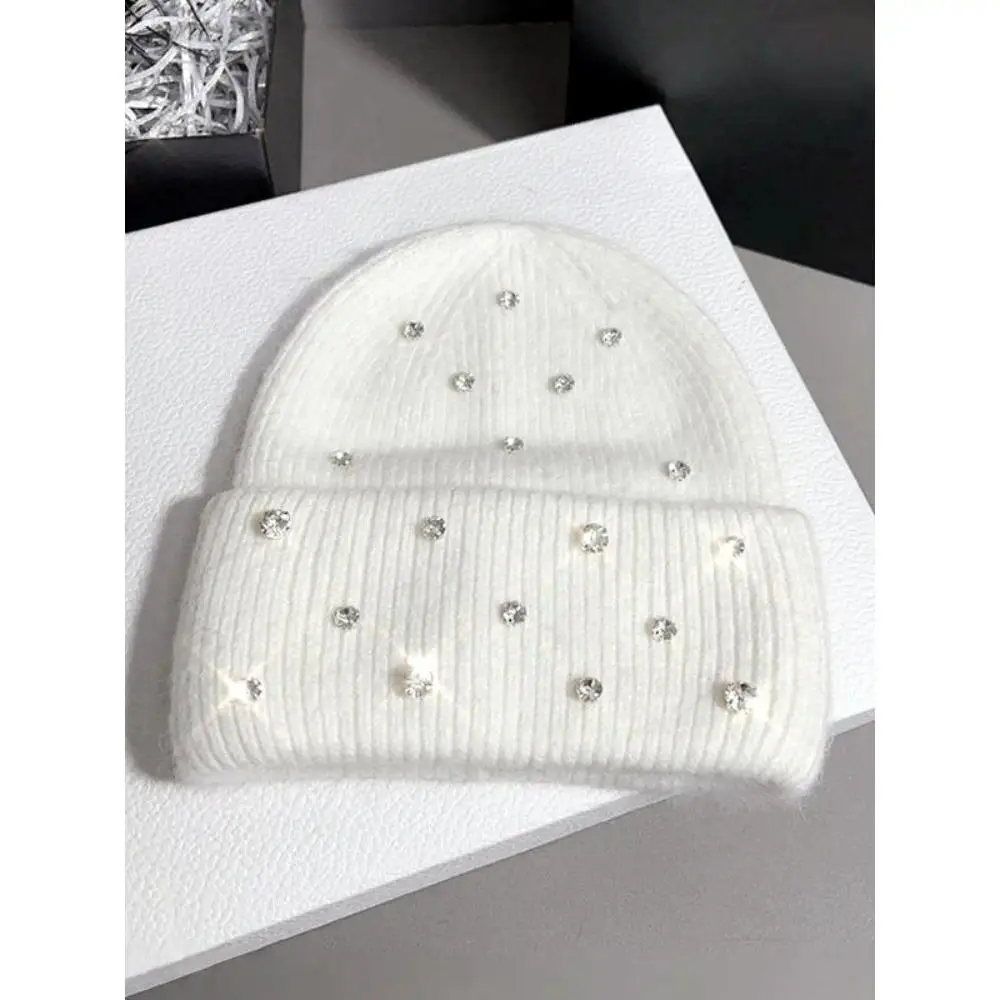 Solid Knitted Beanie in Faux Rabbit Fur, a Warm and Fitted Unisex Design with Sparkling Embellishments for Fall & Winter, Beanie Fitted, Fashion Beanie