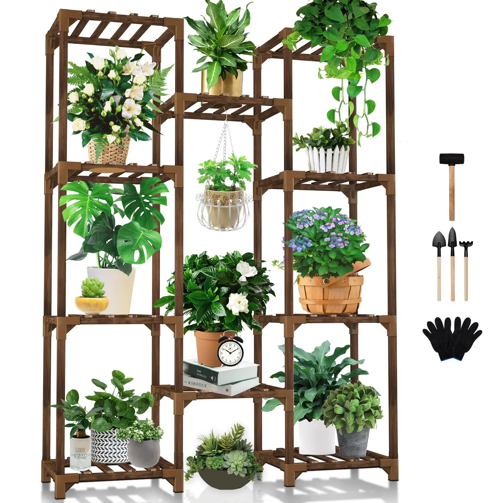 Plant Stand Indoor Outdoor, Tall Plant Shelf for Multiple Plants, 10 tiers 11 Pot Large Plant Rack Wood Plant Holder Plant Shelves for Room Corner Balcony Garden Patio