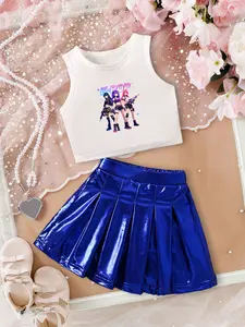 Girls' Sleeveless Summer Casual Set, Cute Cartoon Print Top, Loose Fit Pleated Skirt, Stage Atmosphere, Street Style, School Performance
