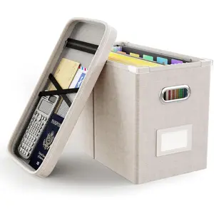 File Organizer Box with Lid, Hanging Filing File Box with Mesh Pocket, Document Organizer Box for Letter Files, Portable Storage Box with Smooth Sliding Rail for Office & Home (1 PCS, Beige)
