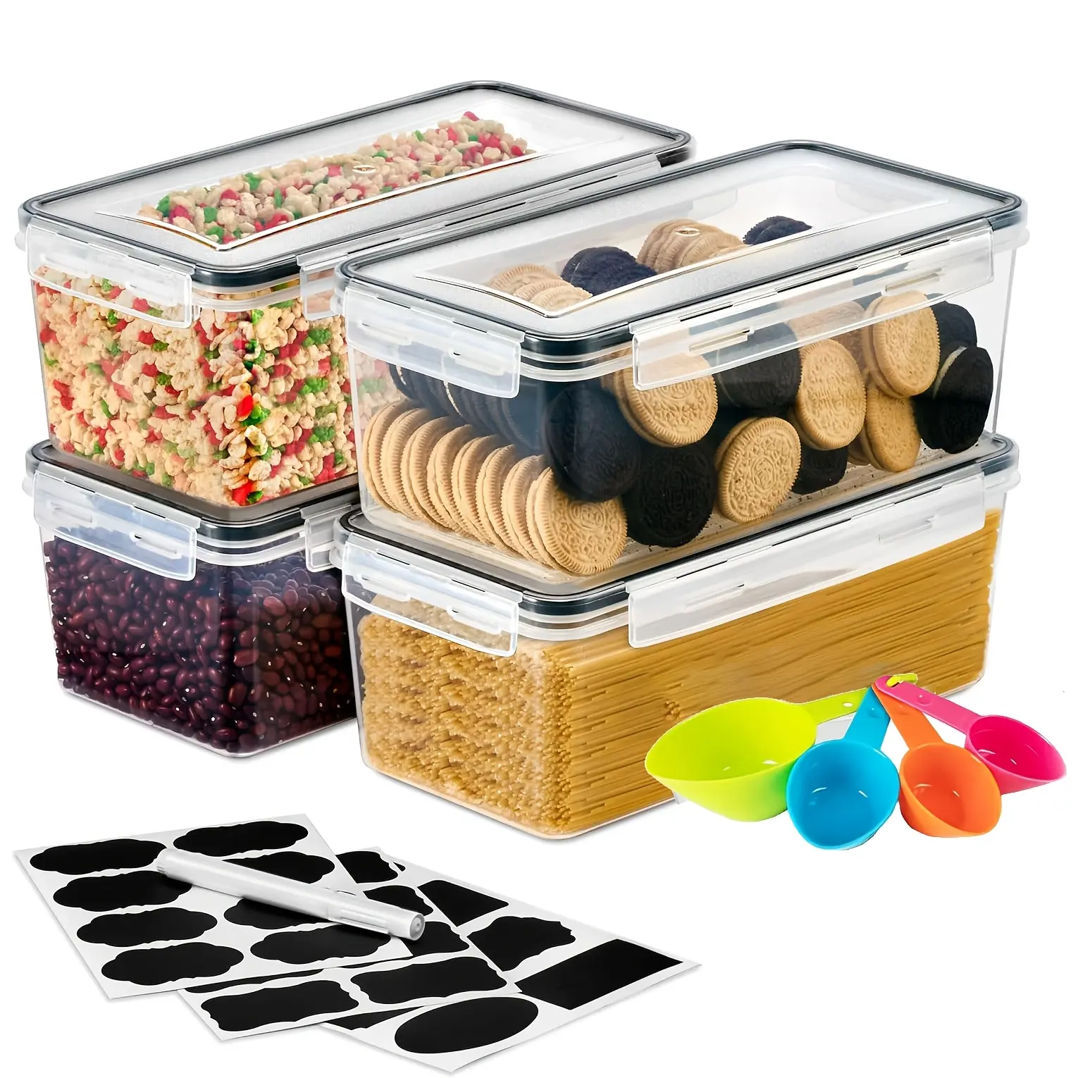 Airtight Food Storage Containers With Lids 4PCS Set 3.2L, Plastic Spaghetti Canisters For Pasta Cereal, Pasta, Flour, Nuts, Candy Organizer, Air Tight Kitchen Pantry Organization