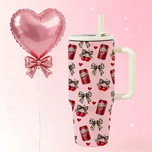 1pc 40oz Valentine’s Tumbler with Handle, Double Layer Insulated, Pink Cherry Cola & Leopard Bow Cup, Cute Y2K Trend, Comes with Lid and Straw, Romantic Gift for Girlfriend, TikTok Viral Cup, 12H Hot/24H Cold