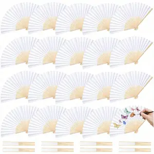 Handmade Paper Bamboo Folding Fan Set, Wedding Party DIY Decoration, Calligraphy Painting Practice, Empty Fans - Oriental Style, Wooden Material
