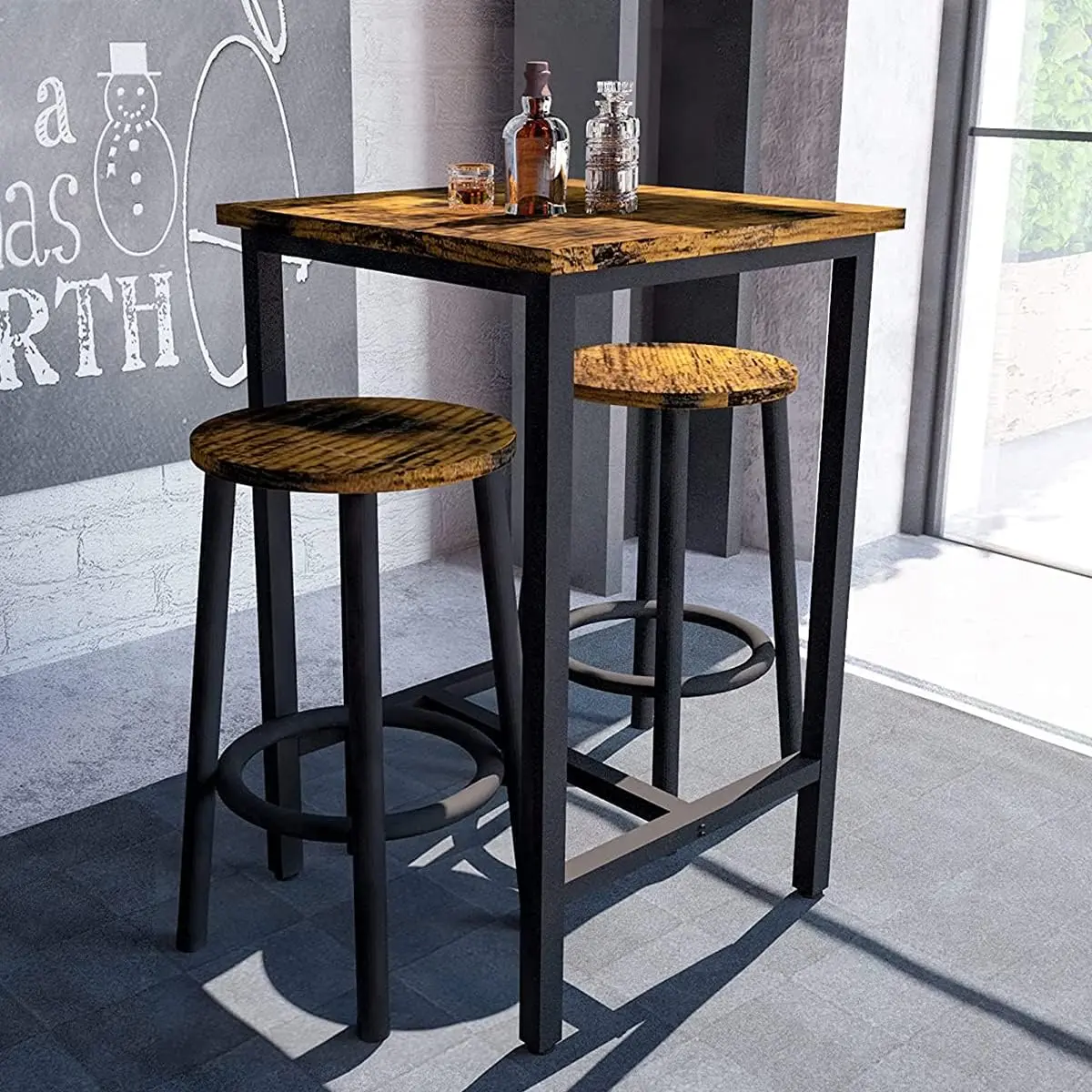 Recaceik 3 Piece Pub Dining Set with Wood Top, Modern Bar Table & Stools for 2 Kitchen Counter Height, Rustic Brown, Easy Assemble for Breakfast Nook Swivel Chair