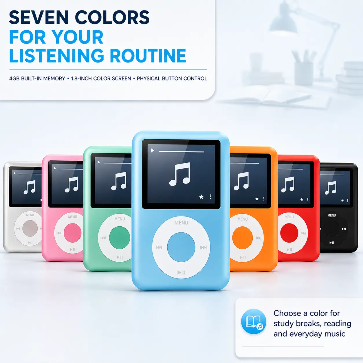 Portable MP3 player with built-in 4GB storage, color screen, rechargeable MP3/MP4 music player suitable for learning, travel, commuting, and offline listening.