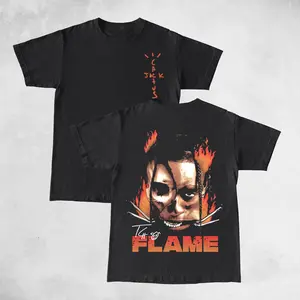 Travis La Flame Fire Skull Double Sides Front And Back Premium Cotton T-Shirt Cotton Unisex Shirt Rap Shirt Rapper Rap Tee Hiphop Shirt Music Tour Merch Gift for Him Gift For Her Vintage Y2K Hoodie Sweatshirt
