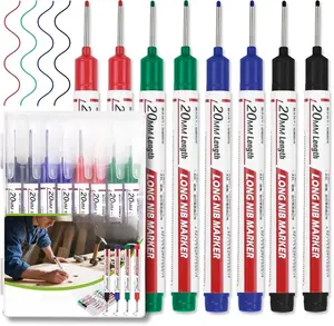 8pcs Long Nib Marker, Long Head Deep Hole Marker Pens, Waterproof Construction Markers Marking Tool, Multi-Purpose Deep Reach Pen Makes For Metal, Carpenter, Woodworking, 20mm 4 Colors
