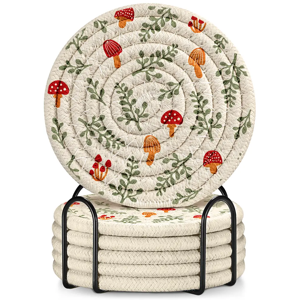 Cup Coasters for Drinks Absorbent - for Coffee Wooden Table Office Cute Farmhouse Outdoor Rustic Desk Kawaii Woven Women Kids Soft Cloth Braided Fabric Mushroom Coaster Set of 6 with Holder