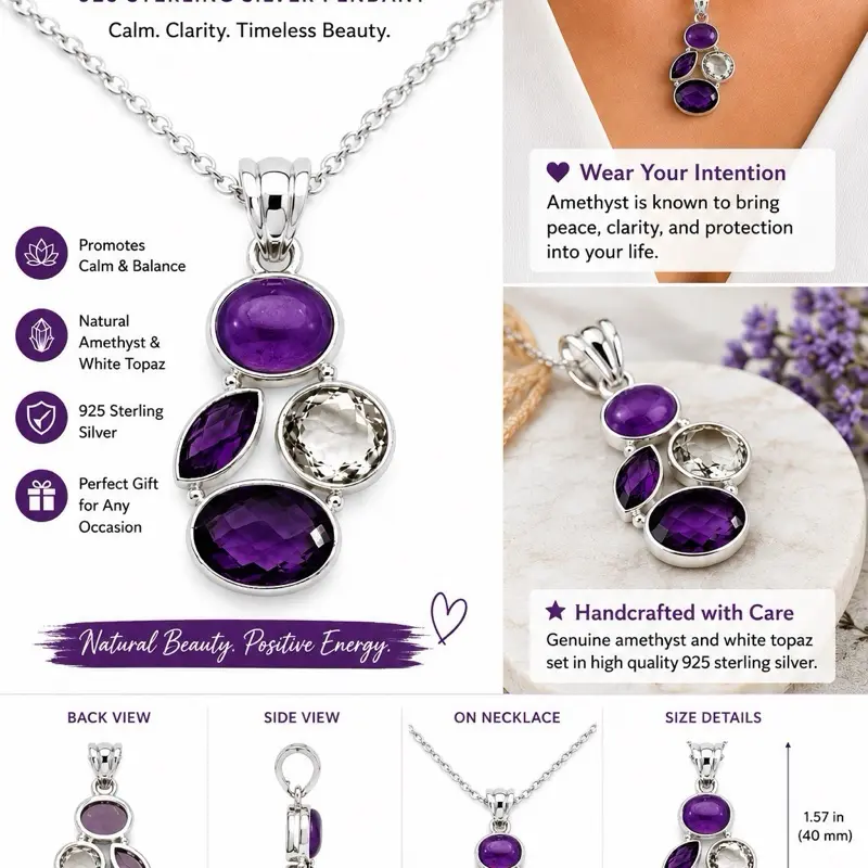 Artisan Craft Hypoallergenic 925 Sterling Silver Amethyst and White Topaz Unique Stones Necklace with Chain for Special Events