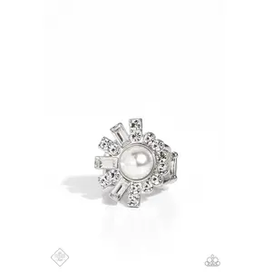 Gatsby Getaway - White Pearl Silver Flare Ring - Paparazzi - Fashion Fix  October 2023