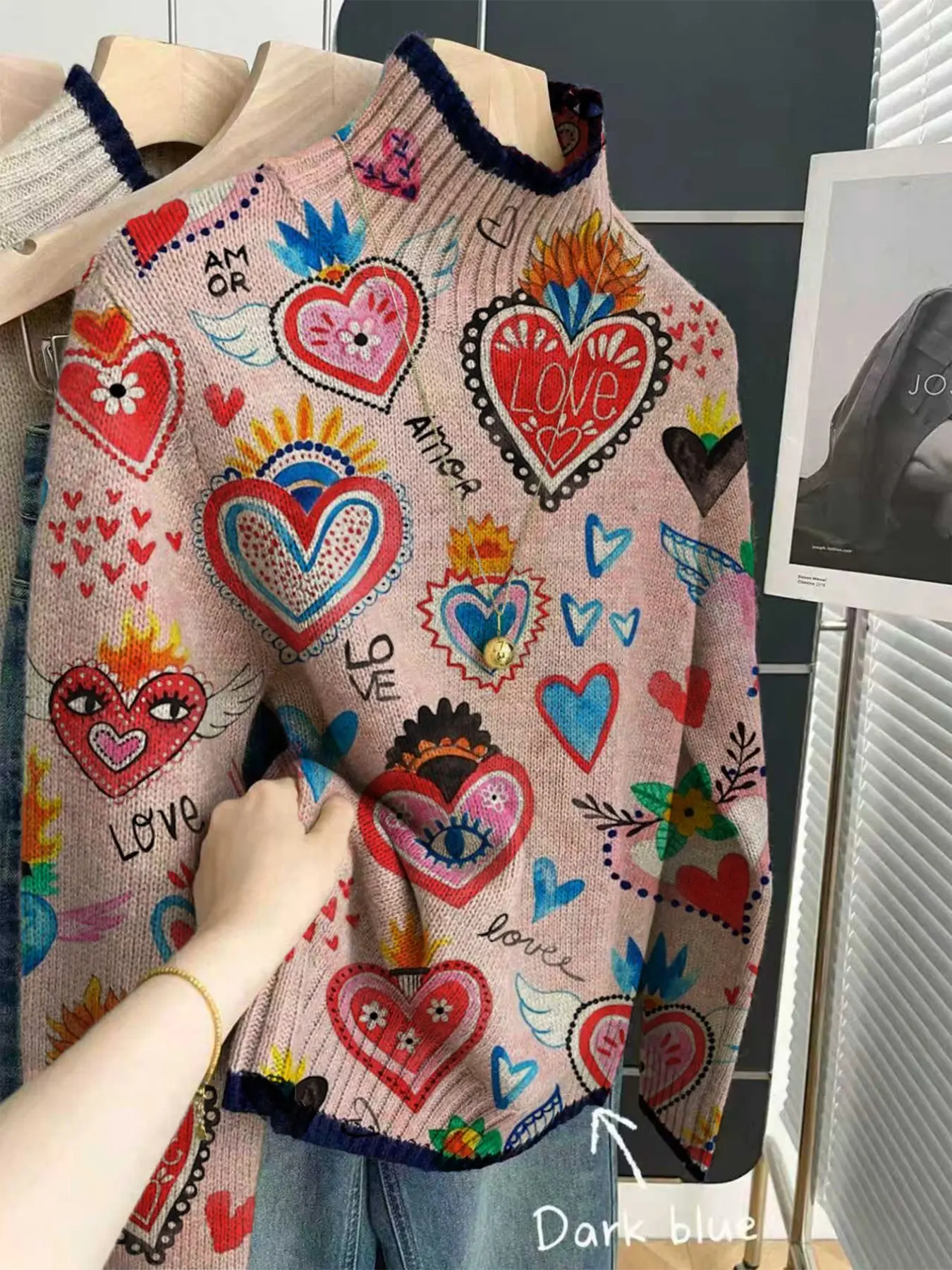 Women's High Neck Gradient Color Block Knitwear Sweater, Cartoon Heart Print, Casual Elegant Commuter Style, Perfect for Spring Fall Winter