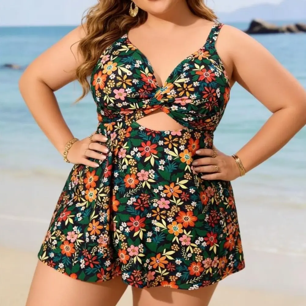 Women's Plus Size Swim Dress - Vibrant Floral Print, Halter Neck, Twist Front Cutout, Abdominal Control, Built-in Briefs, Modest Shapewear Swimsuit for Beach Vacation, Swimsuit for Women, Belly Control Swimdresses, Bathing Suit, Swimsuits For Women