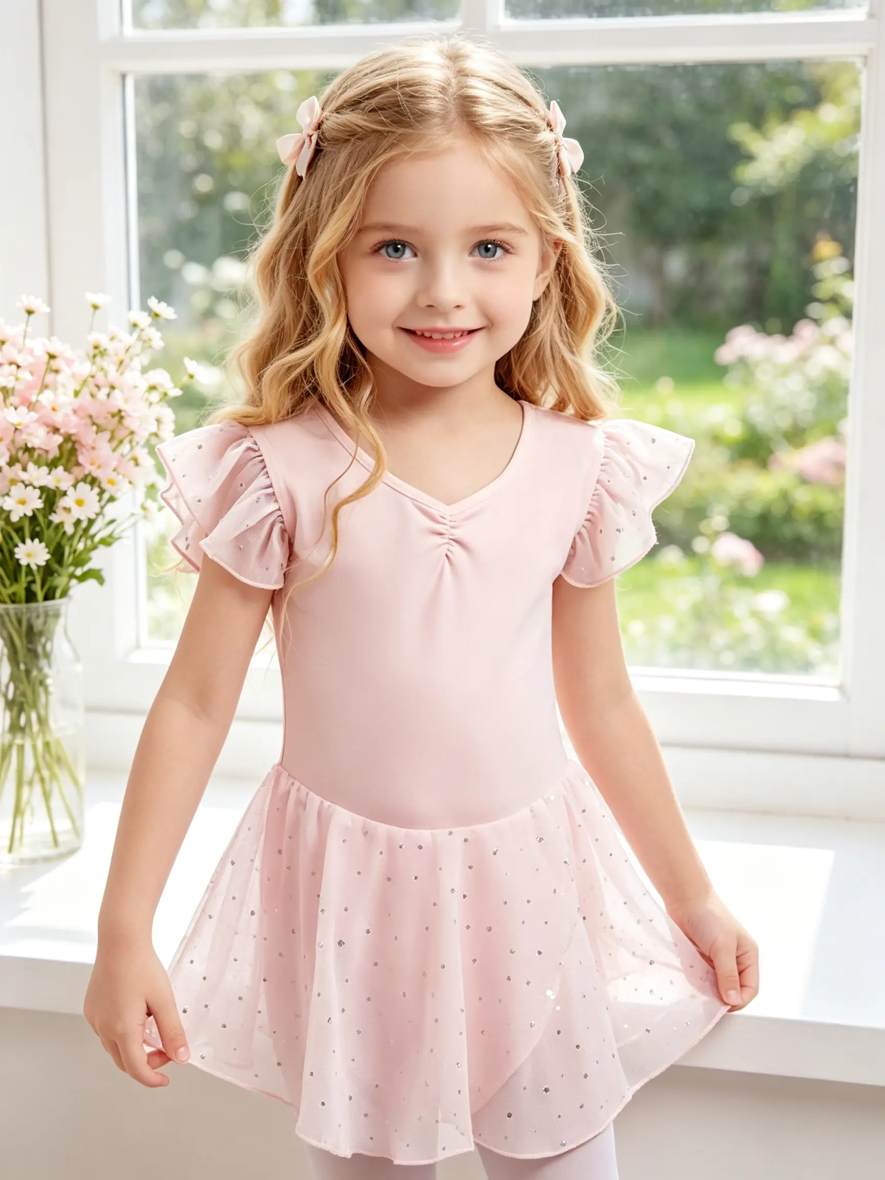 Toddler Girls Ruffle Fly Sleeve V Neck Ballet Tutu Dress, Front Ruched Glitter Sequin Tulle Skirt Leotard for Dance Class Stage Recital Birthday Photoshoot