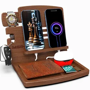 MED Wood Phone Docking Station – Nightstand Desk Organizer for Phone, Watch, Wallet & Tablet – Gift for Men, Husband, Dad & Women – Wooden Charging Stand with Key Holder (Dark Walnut, Model 1)