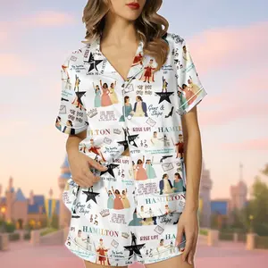 Hamilton Musical Short Satin Pajamas Set for Adults 100% Polyester Broadway Theater Sleepwear with Chest Pocket & Elastic Waistband Loungewear Shirt