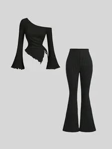 Elegant Classic Warm Fashion New Trendy Versatile Asymmetrical Shoulder Long Sleeve Knit Long Pants Set Outfit, Stylish Womenswear Women's Clothing for Fall & Winter