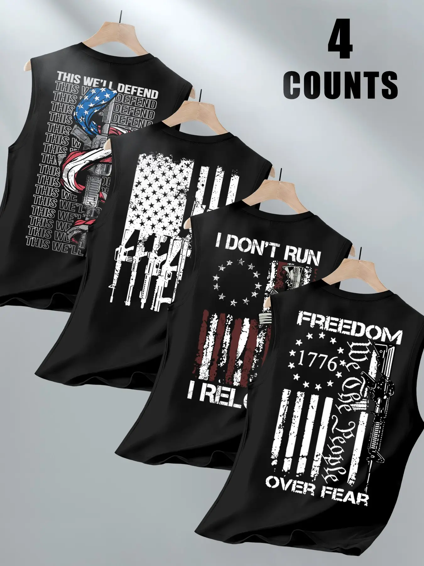 4-Piece Summer Casual Stylish Tee Fashion Streetwear Men's Set, American Independent Spirit Flag Sleeveless Fitted T-Shirts, Stretch Breathable Fabric, Ideal for Outdoor, Daily Wear
