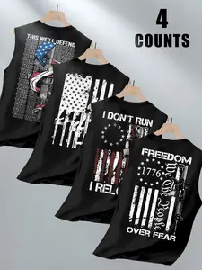 4-Piece Summer Fashion Streetwear Men's Set, American Independent Spirit Flag Sleeveless Fitted T-Shirts, Stretch Breathable Fabric, Ideal for Outdoor, Daily Wear
