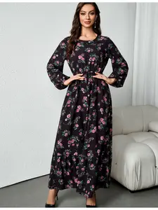 A women's fashionable versatile black base printed U-neck long-sleeved dress with a waist-cinching design that is slimming and suitable for spring and summel for indoor, outdoor, and vacation wear.