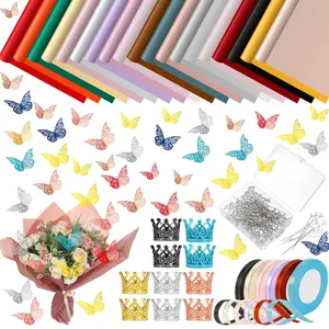 610 Pcs Flower Wrapping Bulk 200 Sheets of Flower Wrapping Paper 6 Rolls of Ribbon 192 Butterfly 200 Bouquet Pins 10 Crown 2 Sheets of Adhesive Dots