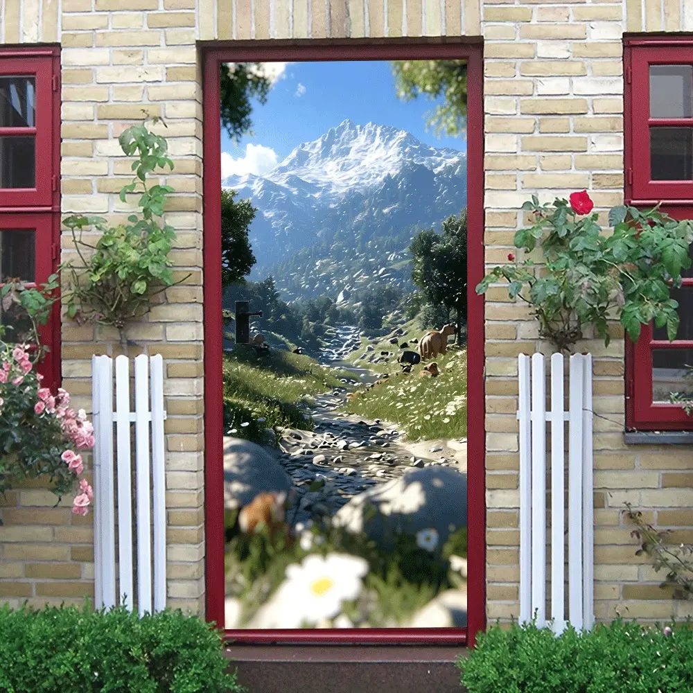 Natural Landscape Wall Stickers Snow Mountain Stream Grassland Animal Decorative Stickers Self Adhesive Murals for Living Room Bedroom Entrance Removable Eco Friendly PVC Home Decoration