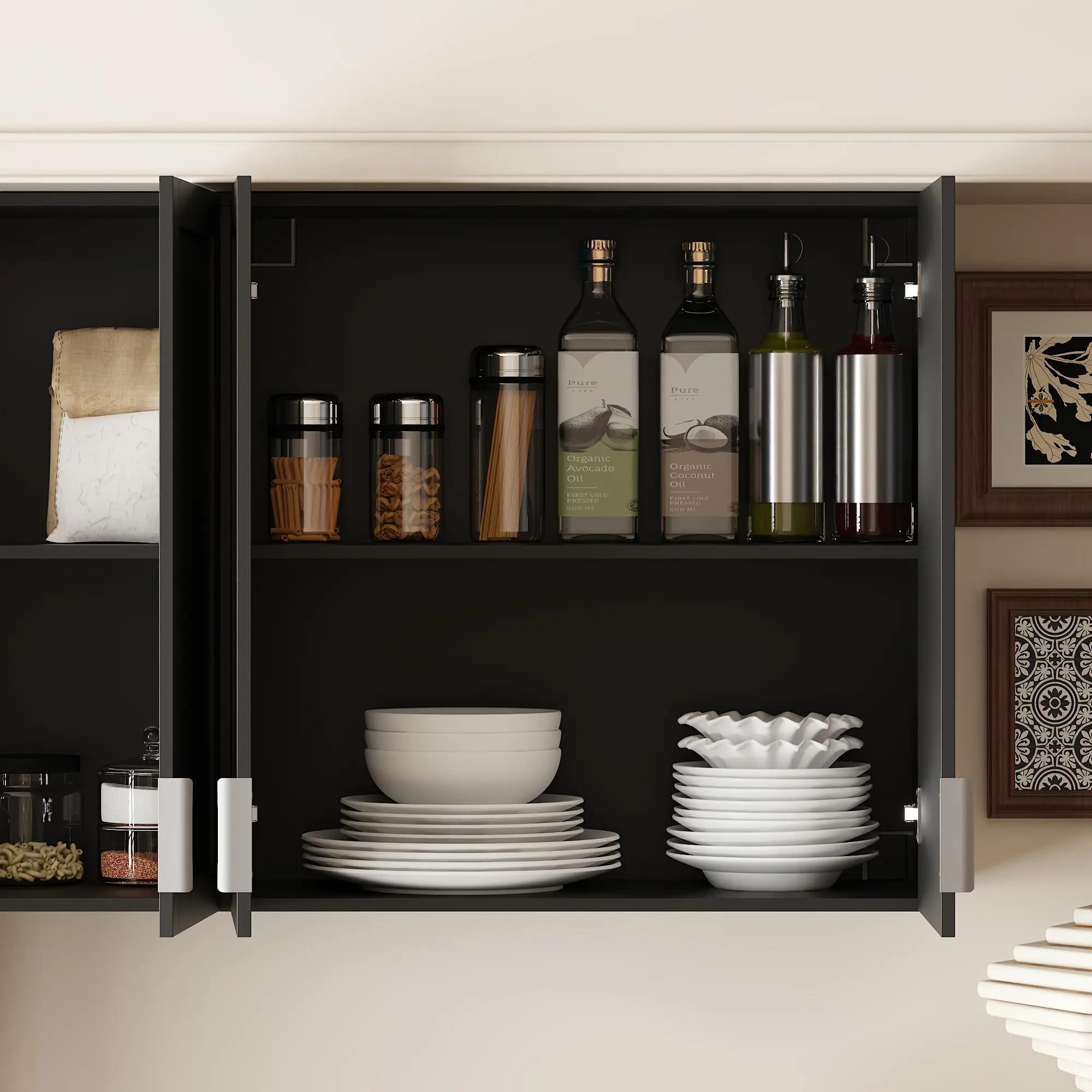 Modern Wooden Kitchen Cabinet with 5 Spacious Drawers, 10 Storage Shelves & Workbench, Kitchen Side Panel Cutlery Room with Large Storage Space, Sideboard Pantry Cabinet with Wall-mounted Storage Cabinet, for Living Room Dining Room, Black,