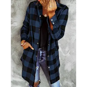 [Polyester Plaid Shirt] Machine Washable Polyester Elegant Long-Length Button-Up Shirt for Women - Classic Collar, Casual Spring/Fall Wear, Brown & Beige Checkered Pattern, Perfect Everyday Style