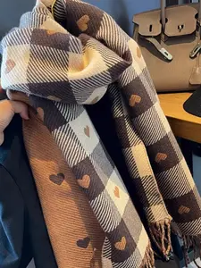 High-Quality Plaid Heart Pattern Scarf, Family Parent-Child Set, Cozy Thick Neckwear, Unisex Couple Scarf, Fall & Winter Gift, Checkered Scarf
