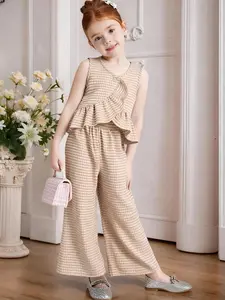 Toddler Girls' Cute 2-Piece Set, Summer Plaid Ruffle Sleeveless Blouse & Wide Leg Pants, Valentine's Gift, Casual Fashion, 3-8 Years, Cute Clothing Set