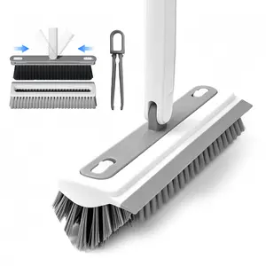 3-in-1 Floor Scrub Brush with Long Handle V-Shaped Crevice Brush Floor Scrubber Mop with Squeegee and Tweezer for Cleaning Gap Tile Bathroom Kitchen Patio Deck Garage