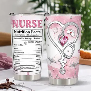 Personalized Nurse Nutrition Facts Tumbler – Custom Name, Heartbeat & Stethoscope Design, RN LPN Gift, Medical Healthcare Cup