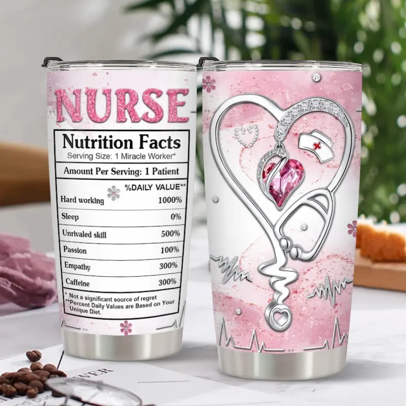 Personalized Nurse Nutrition Facts Tumbler – Custom Name, Heartbeat & Stethoscope Design, RN LPN Gift, Medical Healthcare Cup