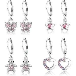 CASSIECA Women's 4-Pairs Dangle Hoop Earrings Set, Surgical Steel Hypoallergenic Zirconia Studs with Heart, Flower, Star, Turtle Designs for Daily Cartilage Tragus Piercings Summervibes