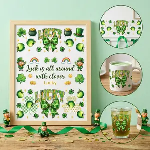 Premium 5pcs St. Patrick's Day UV DTF Decorative Stickers, Lucky Clover Teacher Themed Furniture Stickers For Home Decor & General Decorative Projects	