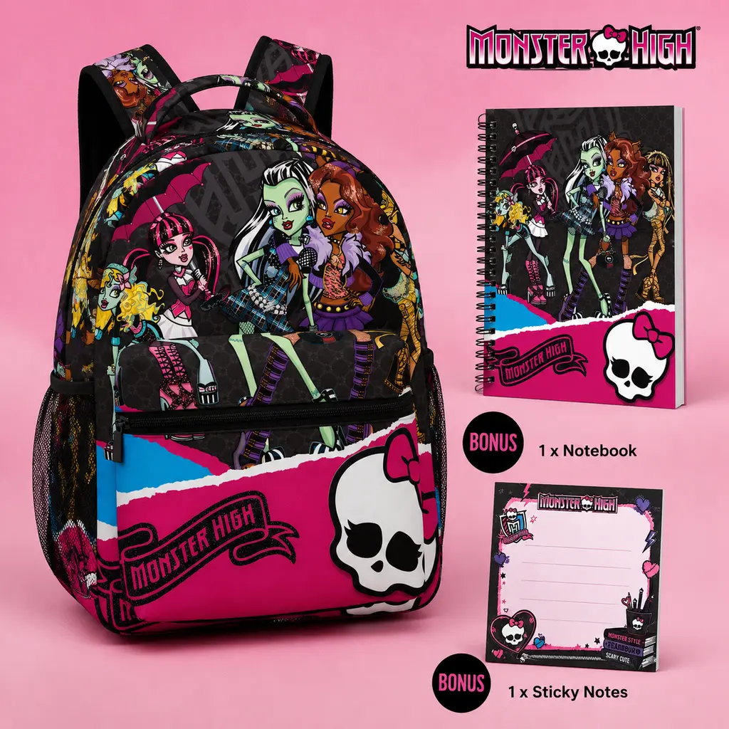 Monster High Backpack Set for Boys Girls Teens, Anime Monster High Graphic School Backpack with 1 Notebook and 1 Notepad, Adjustable Strap Kids Bookbag, Cute Bookbag Set with Side Pockets for  Elementary Middle School  Travel