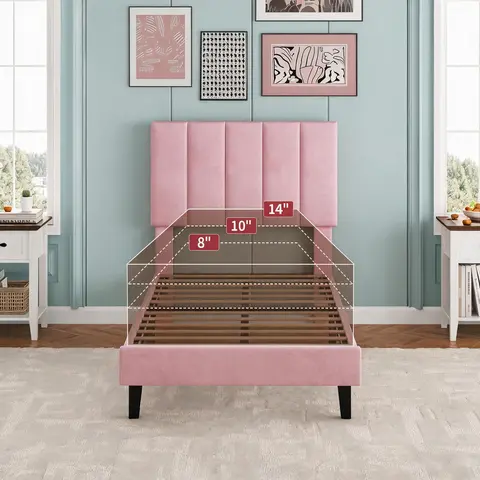 Twin Size Bed Frame, Velvet Upholstered Platform Bed with Adjustable Tufted Headboard, No Box Spring Needed