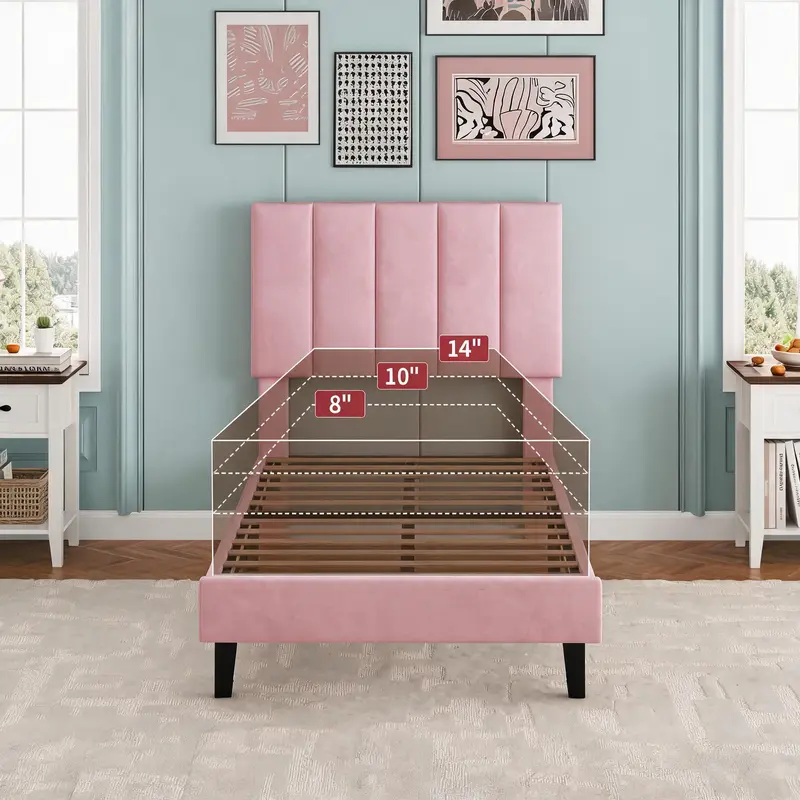 Twin Size Bed Frame, Velvet Upholstered Platform Bed with Adjustable Tufted Headboard, No Box Spring Needed