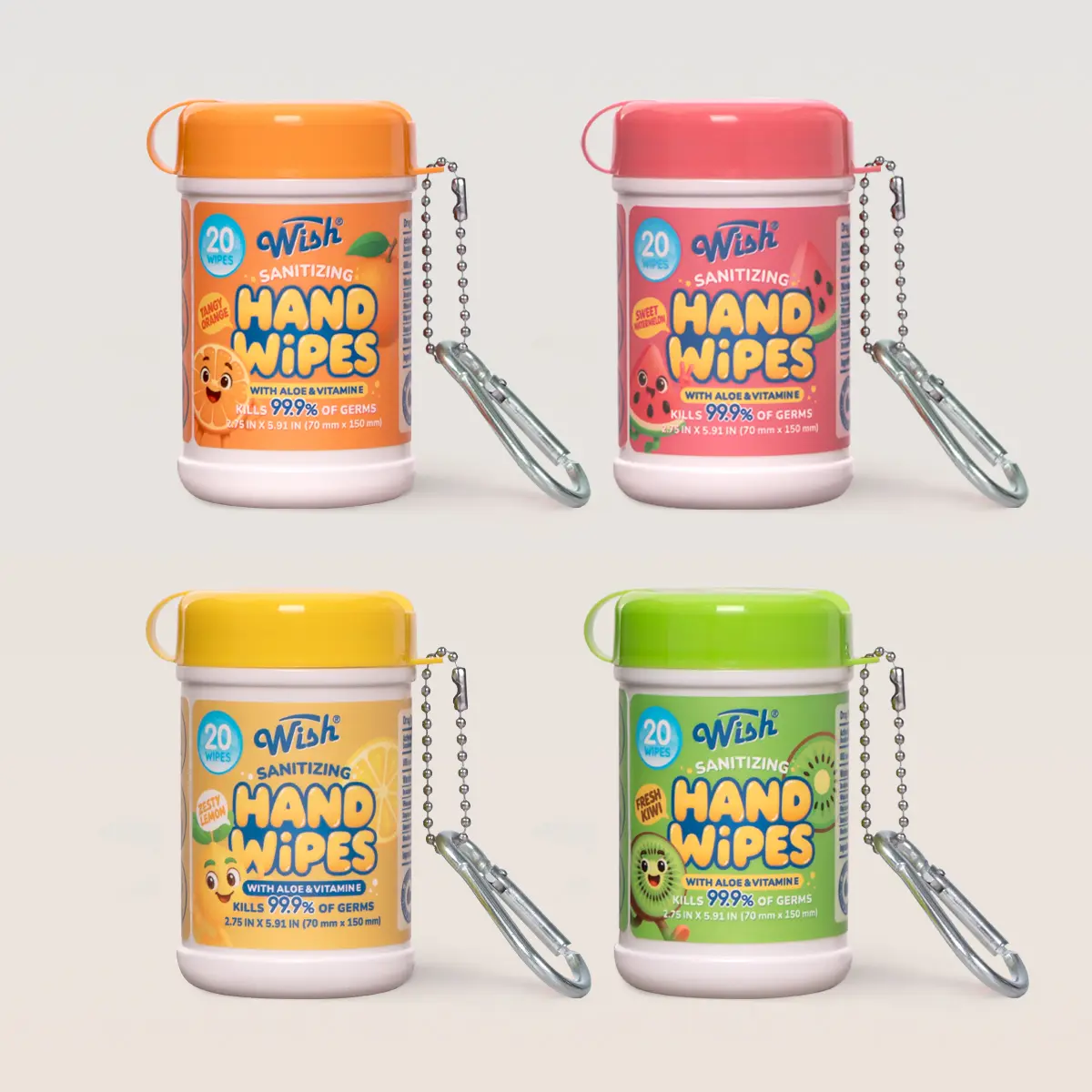 Wish Kid-Friendly Portable Sanitizing Hand Wipes | 4-Scent Variety Pack | Travel Wet Wipes Travel Size Kids Sanitizing Wipes - Fruity Fresh 4-Pack (20ct each)