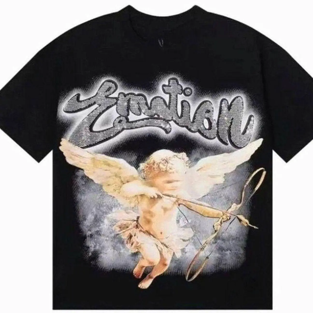 Mixed Emotion Cupid Rhinestone Black Tee Men's High-Quality Streetwear T-shirts QXJ WBB DQL 4MM PRE DLY TH7