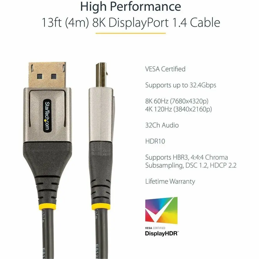 StarTech.com 13ft (4m) VESA Certified DisplayPort 1.4 Cable, 8K 60Hz HDR10, UHD 4K 120Hz Video, DP to DP Monitor Cord, DP 1.4 Cable, M/M