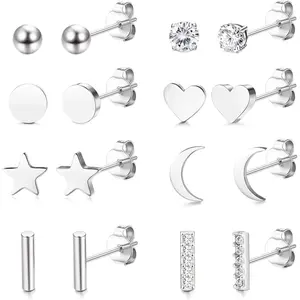 ZELORES 6-8 Pairs Stainless Steel Stud Earrings for Women Men Dainty CZ Tiny Stud Earring Mini Stick Ear Climbing Earrings Star Moon Heart Bar Ear Stud Earrings Set
