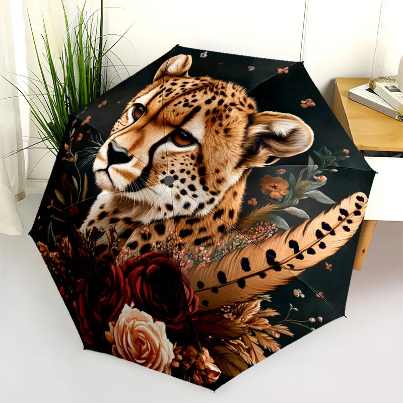 1 PC Automatic Folding Umbrella - Cheetah and Flowers Artwork Pattern, Portable & Foldable Design with 8 Ribs, Merry Christmas Pattern,Casual Outdoor Accessory Halloween and Christmas Birthday Gifts. C0012