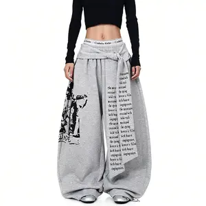 Y2K printed sports pants for men and women, elastic waisted wide leg pants, fashionable and versatile streetwear